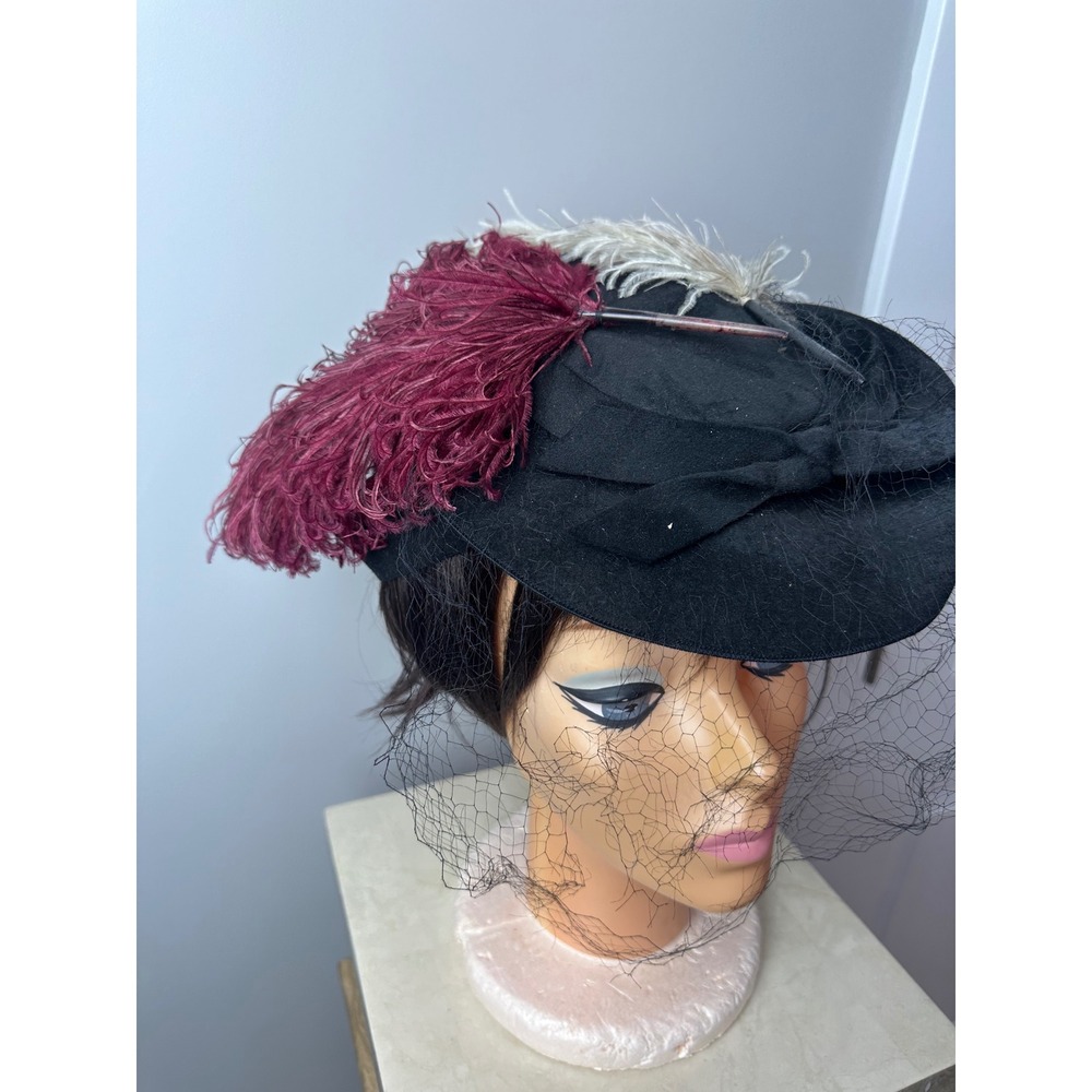 Vintage 1930s 40s Ostrich Feathers Wool Hat Fascinator Birdcage Net Blac